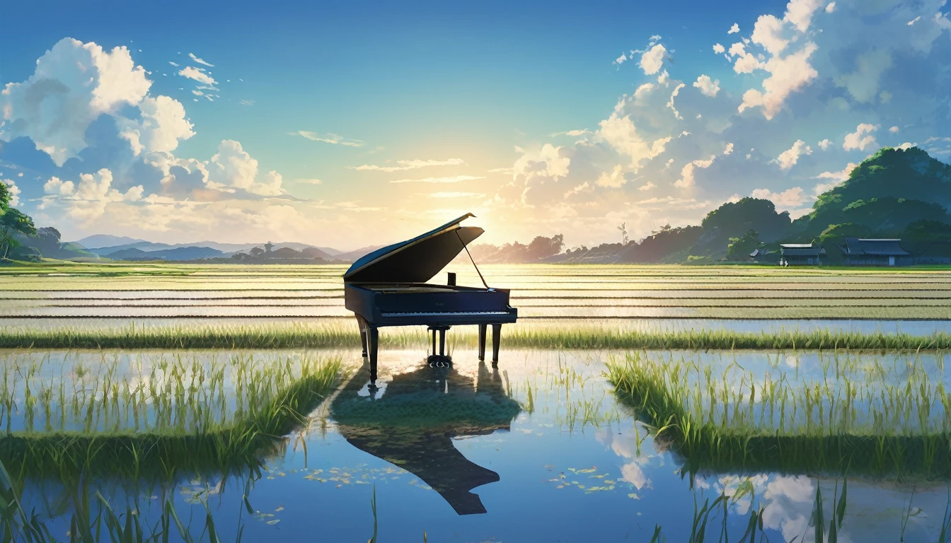 A grand piano in the Japanese countryside、In the background, rice fields are planted.、The sky is a piercing blue.、Makoto Shinkai style touch、A grand piano placed on the bank in front of the rice fields、The piano is not submerged in water.、A grand piano placed beside a rice field