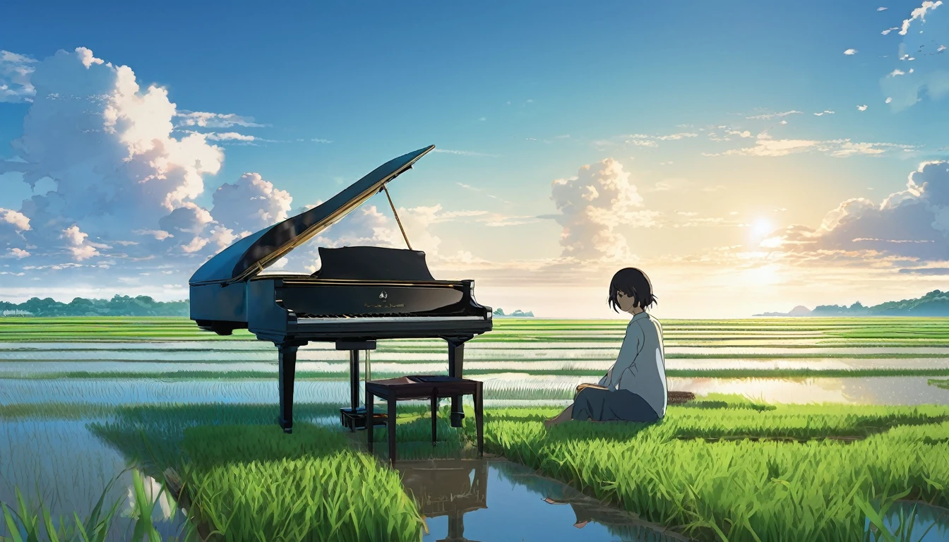 A grand piano in the Japanese countryside、In the background, rice fields are planted.、The sky is a piercing blue.、Makoto Shinkai style touch、A grand piano placed on the bank in front of the rice fields、The piano is not submerged in water.、A grand piano placed beside a rice field