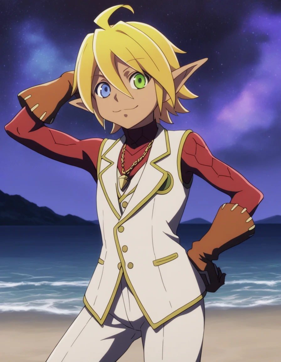 score_9, score_8_up, score_7_up, source_anime,
aurabellafiora,
aura bella fiora, short hair, blue eyes, blonde hair, hair between eyes, green eyes, ahoge, pointy ears, dark skin, heterochromia, elf, dark elf,
gloves, jewelry, necklace, vest, white vest, pants, white pants,
high quality, solo, night sky, beach, arm behind head, hand on hip, contrapposto, closed mouth, spread armpits, (cowboy shot:1.5), looking at viewer, smile, best quality,