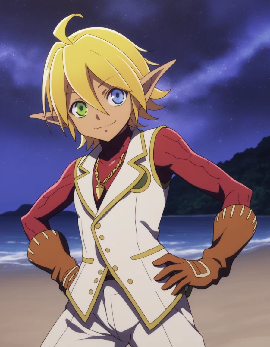 score_9, score_8_up, score_7_up, source_anime,
aurabellafiora,
aura bella fiora, short hair, blue eyes, blonde hair, hair between eyes, green eyes, ahoge, pointy ears, dark skin, heterochromia, elf, dark elf,
gloves, jewelry, necklace, vest, white vest, pants, white pants,
high quality, solo, night sky, beach, arm behind head, hand on hip, contrapposto, closed mouth, spread armpits, (cowboy shot:1.5), looking at viewer, smile, best quality,