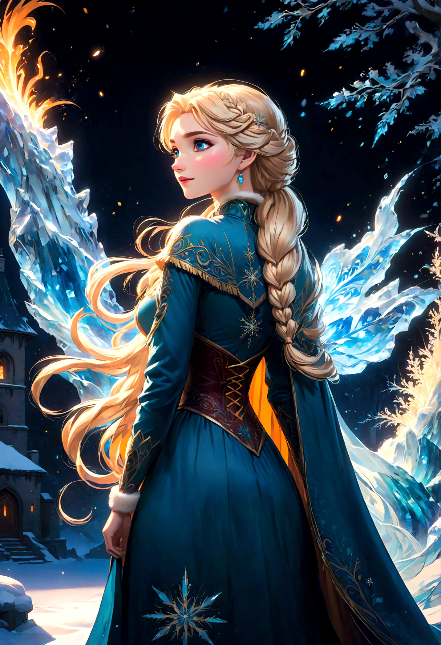 1girl, elsa (frozen), braid, braided hair, blonde hair, single braid, dress, cape, makeup, long hair, hair over shoulder, solo, fur trim, (Back View:1.4), outdoor, castle made of ice, snowflake, winter, anime screenshot, source_anime, dramatic composition, cinematic dynamic action scene, vibrant colors, cinematic lighting, dramatic lighting, best quality, masterpiece, very aesthetic, perfect composition, intricate details, ultra-detailed