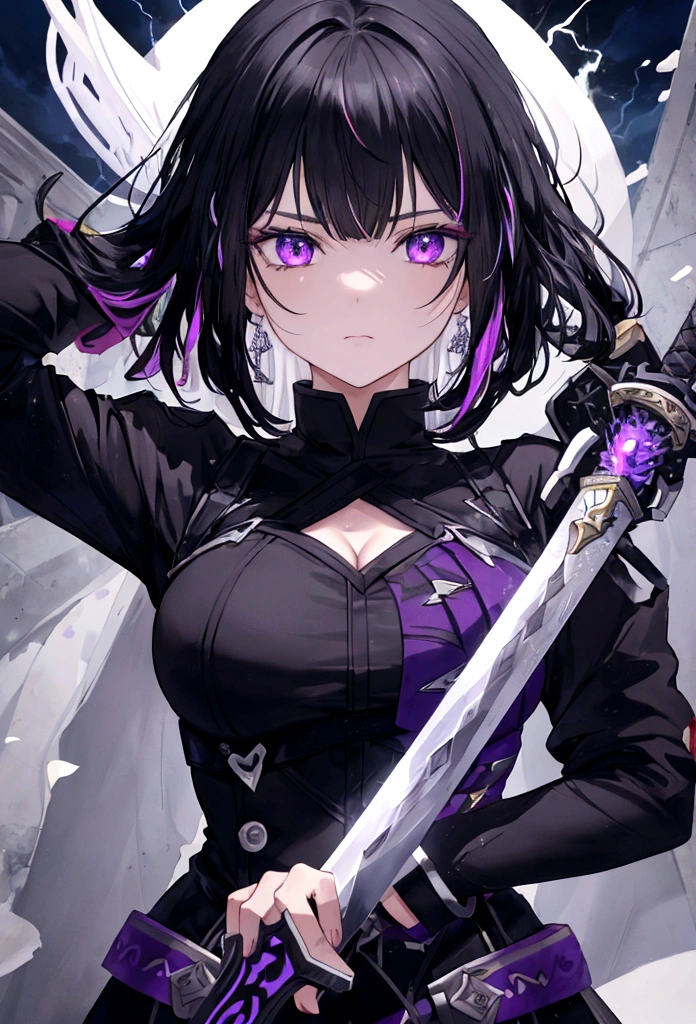 a woman with black hair and white streaks with sad face holding a large purple sword, detailed eyes, detailed sword, cinematic lightning