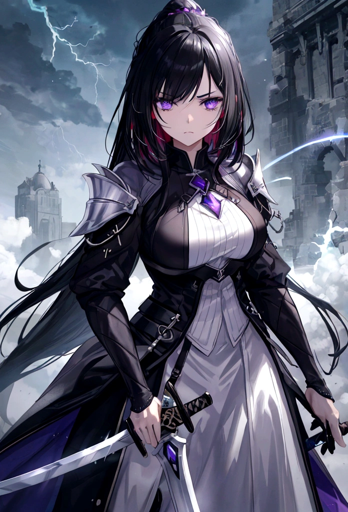 a woman with black hair and white streaks with sad face holding a large purple sword, detailed eyes, detailed sword, cinematic lightning
