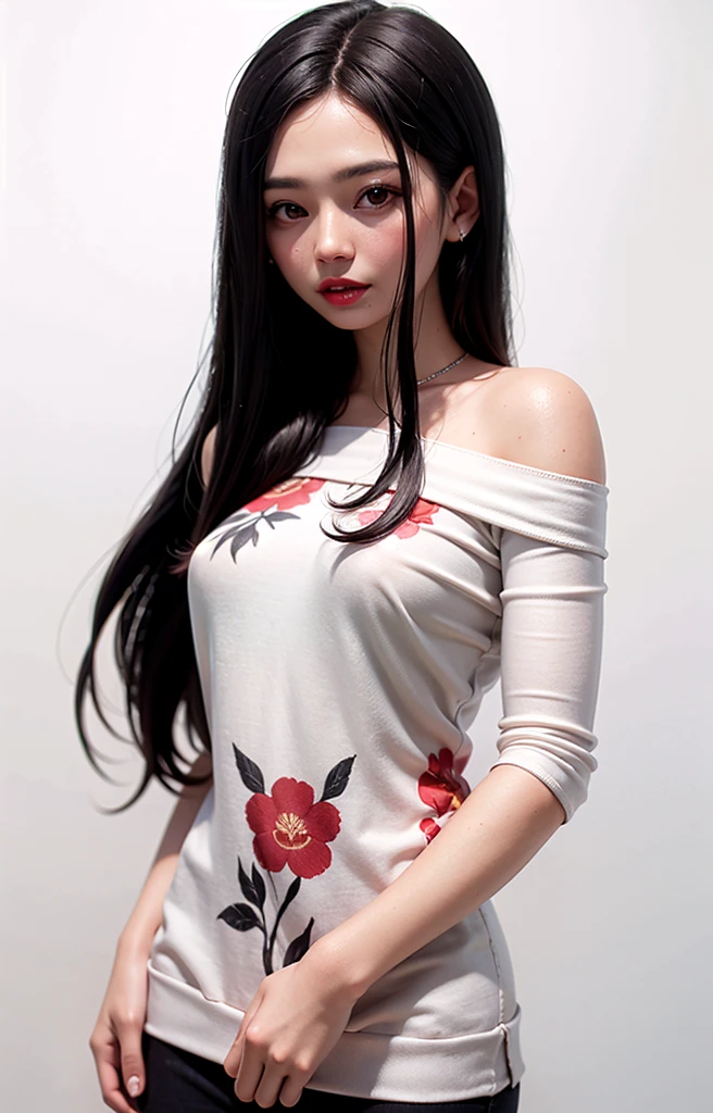 A Indonesian woman, long black hair, wearing a shoulder blouse tops floral, red lips, white background