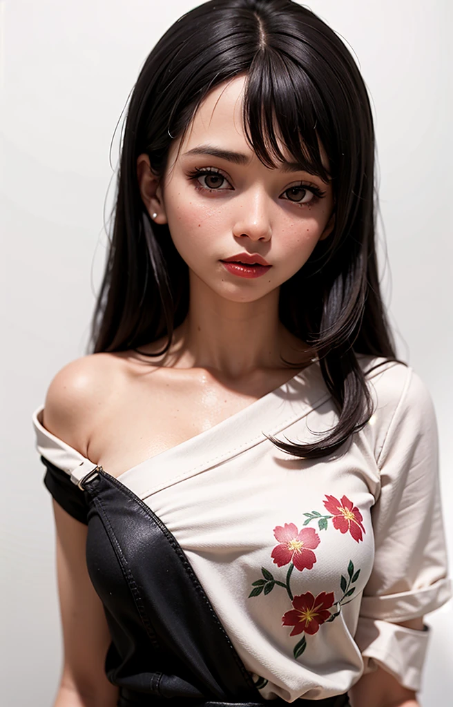 A Indonesian woman, long black hair, wearing a shoulder blouse tops floral, red lips, white background