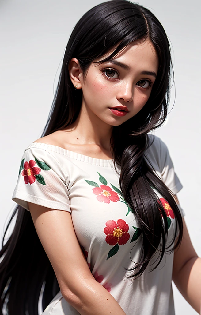 A Indonesian woman, long black hair, wearing a shoulder blouse tops floral, red lips, white background