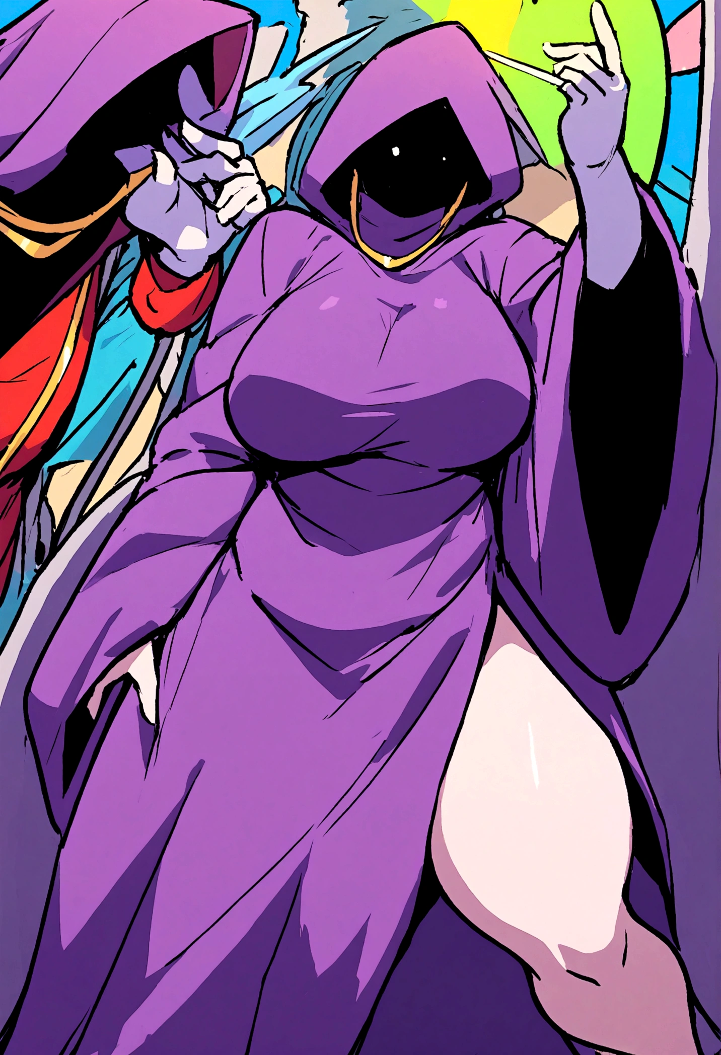 a shadow wizard wearing a purple robe and has nice thick thighs, female