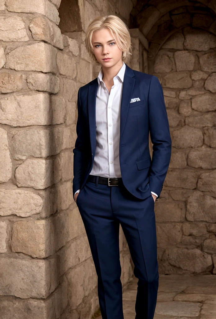A 
boy with short, tousled blond hair and striking blue eyes, exuding an air of calm confidence. His features are finely chiseled, with a warm, friendly smile that highlights his compassionate nature. He is dressed in a neat, practical outfit suitable for a magical school, including a dark, fitted jacket and trousers with subtle, glowing runes etched into the fabric. His stance is relaxed yet ready, suggesting both strength and approachability. The background features the ancient, arcane hallways of a magical school, with stone walls and shimmering mystical symbols.