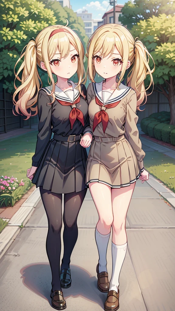 masterpiece, best quality, highres, (Conjoined_dicephalus), (2 heads:1.2), two heads, (1 body:1.5), 2 girl, solo, 2 legs, 2 arms, conjoined twins, ichigaya arisa, twintails, x hair ornament, , pleated dress, pantyhose, tenmasaki, shirt, long sleeves, twintails , sidelocks, pleated skirt, hairband, serafuku, sailor collar, side ponytail, sweater, neckerchief, eyelashes, buttons, swept bangs, wavy hair, red neckerchief,  grey skirt, white sailor collar, orange bow, happy, talking, cowbow shot, walking, outdoors, school