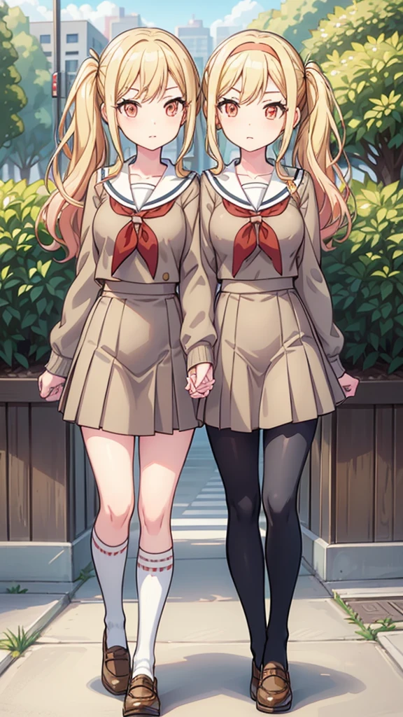 masterpiece, best quality, highres, (Conjoined_dicephalus), (2 heads:1.2), two heads, (1 body:1.5), 2 girl, solo, 2 legs, 2 arms, conjoined twins, ichigaya arisa, twintails, x hair ornament, , pleated dress, pantyhose, tenmasaki, shirt, long sleeves, twintails , sidelocks, pleated skirt, hairband, serafuku, sailor collar, side ponytail, sweater, neckerchief, eyelashes, buttons, swept bangs, wavy hair, red neckerchief,  grey skirt, white sailor collar, orange bow, happy, talking, cowbow shot, walking, outdoors, school