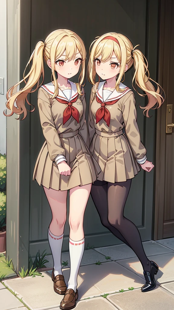 masterpiece, best quality, highres, (Conjoined_dicephalus), (2 heads:1.2), two heads, (1 body:1.5), 2 girl, solo, 2 legs, 2 arms, conjoined twins, ichigaya arisa, twintails, x hair ornament, , pleated dress, pantyhose, tenmasaki, shirt, long sleeves, twintails , sidelocks, pleated skirt, hairband, serafuku, sailor collar, side ponytail, sweater, neckerchief, eyelashes, buttons, swept bangs, wavy hair, red neckerchief,  grey skirt, white sailor collar, orange bow, happy, talking, cowbow shot, walking, outdoors, school