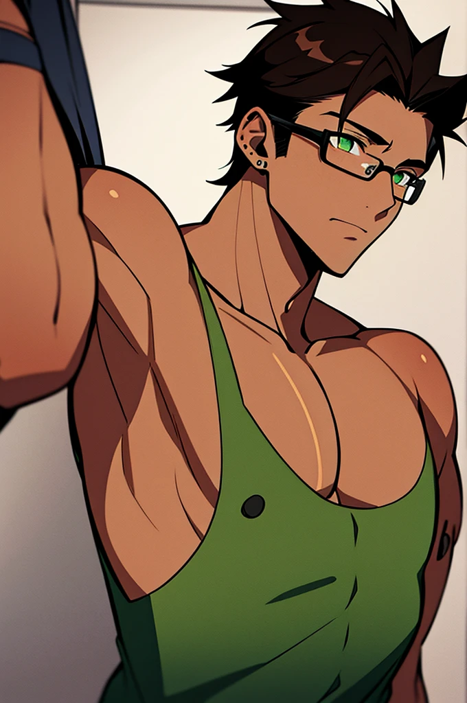 A young man in his 20's with brown hair and green eyes. Tanned skin, freckles, glasses. Fluffy dark brown hair, pierced ears. Strong looking. Wearing modern style clothes. In a bedroom. Shy expression. Masculine.