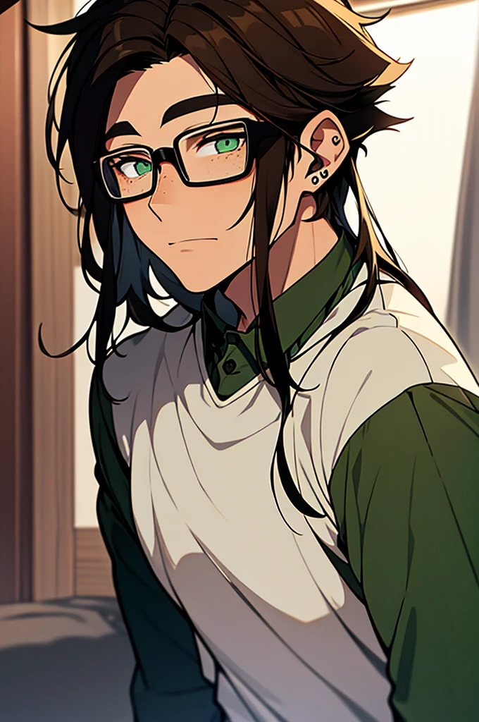 A young man in his 20's with brown hair and green eyes. Tanned skin, freckles, glasses. Fluffy dark brown hair, pierced ears. Strong looking. Wearing modern style clothes. In a bedroom. Shy expression. Masculine.