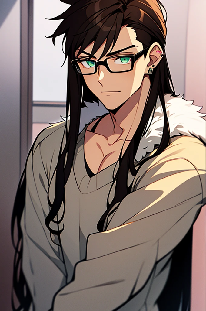 A young man in his 20's with brown hair and green eyes. Tanned skin, freckles, glasses. Fluffy dark brown hair, pierced ears. Strong looking. Wearing modern style clothes. In a bedroom. Shy expression. Masculine.
