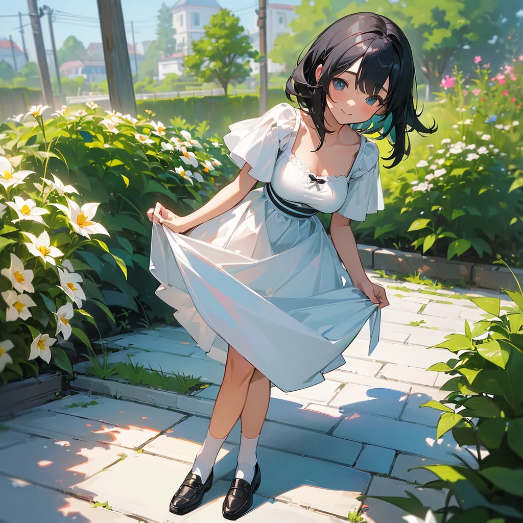 (high quality, High resolution, Very detailed, reality:1.37), Peaceful atmosphere, (Outdoor, garden), Teenage girl standing alone, (my  are big.), Beautiful details, Cute Smile, (Black bob hair), White camisole dress, White socks, loafers.