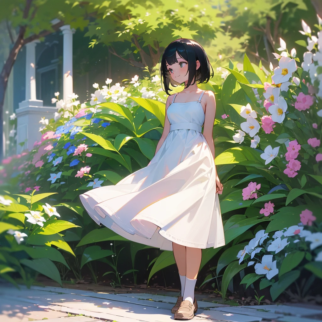 (high quality, High resolution, Very detailed, reality:1.37), Peaceful atmosphere, (Outdoor, garden), age girl standing alone, (my breasts are big.), Beautiful details, Cute Smile, (Black bob hair), White camisole dress, White socks, loafers.