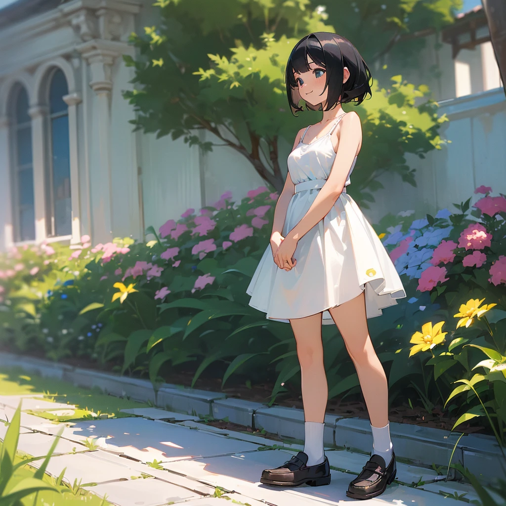 (high quality, High resolution, Very detailed, reality:1.37), Peaceful atmosphere, (Outdoor, garden), Teenage girl standing alone, (my breasts are big.), Beautiful details, Cute Smile, (Black bob hair), White camisole dress, White socks, loafers.