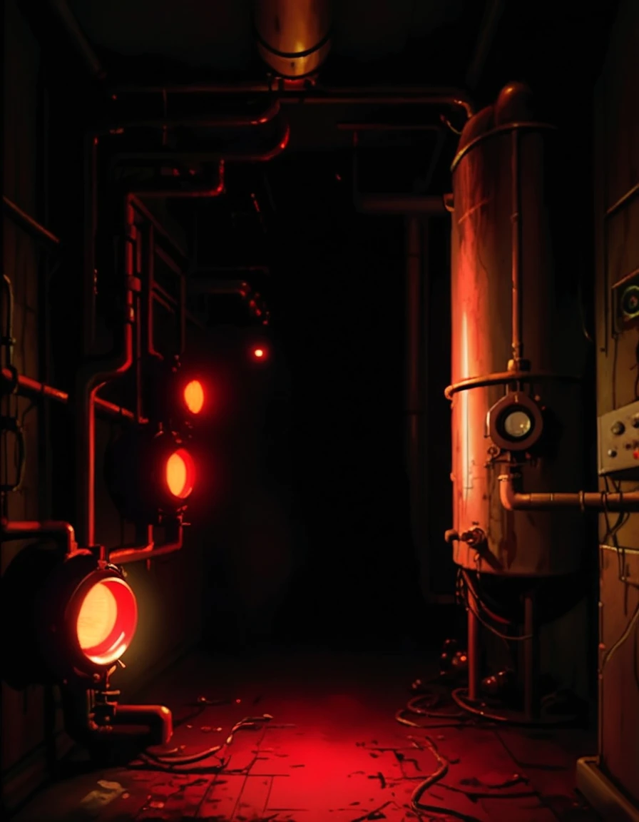 horror creepy boiler room, dark red lights, hyper realistic, horror, dark background, dark atmosphere, horror lighting, detailed, cinematic lighting, chiaroscuro atmosphere