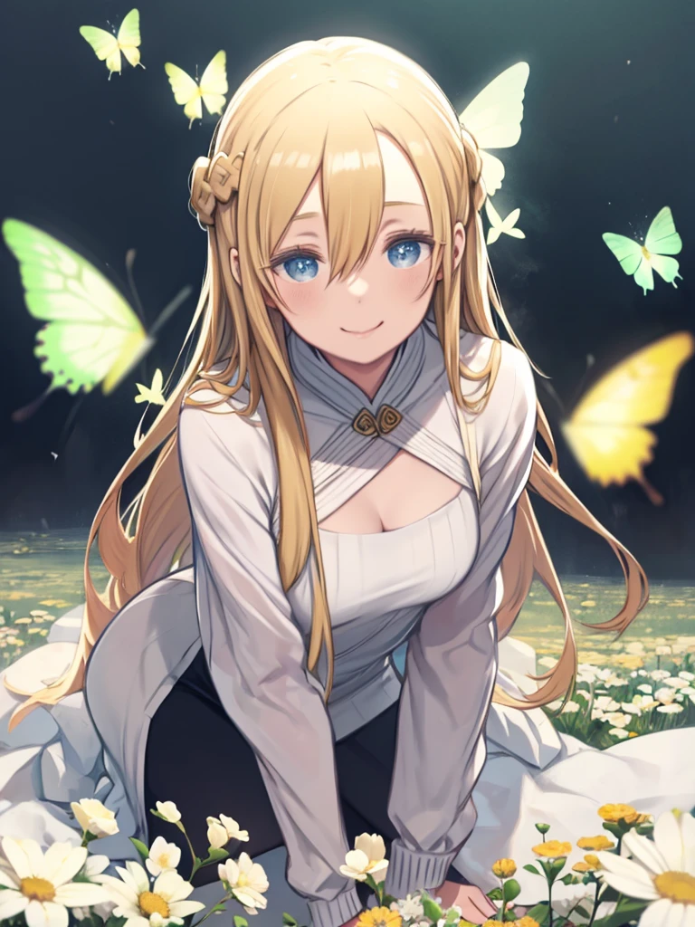 One Mature Woman、smile、Long blonde、Hair between the eyes、Braid、Green rip sweater、White Cape、Pencil Skirt、Butterfly sucking nectar from a flower、Staring at flowers、Sparkling eyes、beautiful、Flower Field、Crouching、Angle from below、