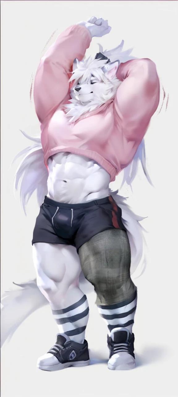 A furry male (white cat), (Wearing a pink long-sleeve sweater:1.0) (anthro, male cute, barazoku, anime, by lindong, by littleblackalas, (kemono, bara), anime, shadows, smooth skin, masterpiece, best quality, by (by Pino Daeni, (by ruaidri), yupa, kiyosan), (starbuck), by (darkgem), (chunie), (null ghos), (narse), (safe for work) (Stretching with arm up:1.0) (white background) (closed eyes)