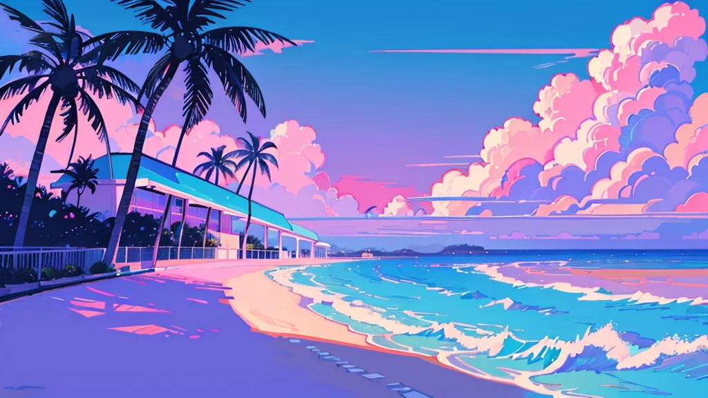 Seaside, Pink Sky, Palm tree, Blue Classic Car, Blue and pink neon,Lo-fi illustration, anime art wallpaper 4k, anime art wallpaper 4k,One Girl,