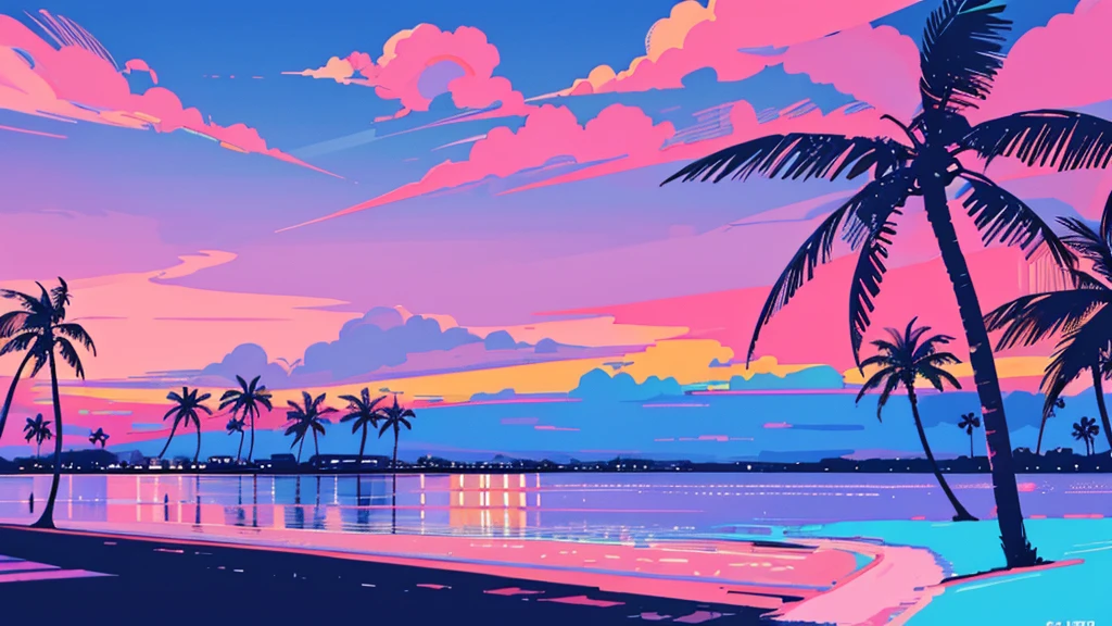 Seaside, Pink Sky, Palm tree, Blue Classic Car, Blue and pink neon,Lo-fi illustration, anime art wallpaper 4k, anime art wallpaper 4k,One Girl,