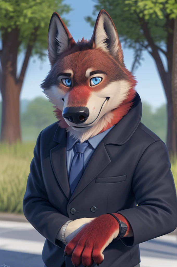 Ivan Fedorovich Wolfbach (Novosibirsk) ,tall handsome, wolf,young, 24 years, brown fur,Kind,(red body:1.3),beautiful blue eyes,Novosibirsk,dressed, shirt,black tie,trousers,canine, wolf, detailed fur, male, Anthro, paw pads, finger claws,at viewer, 5 fingers, paws, 5 fingers, smile, wrist watch, т nextel,by xenoforge, (difficult, high detail, digital photography, soft focus, RAW species театр,very close to the camera, species,Novosibirsk, smile, a good mood, positive, very close to the camera,черная shirt чёрный галстук,
Photorealism, realistic, photorealistic, digital style, subsurface scattering,looking at the viewer,hugs the she-wolf,
masterpiece, Best quality, ultra realistic, 8K)