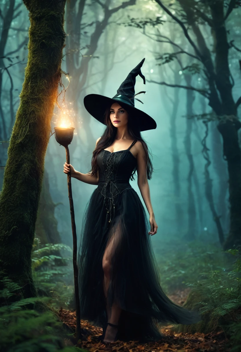 a beautiful woman WITCH WITH A hat and Forest and fairies the Style-RustMagic, Aum, (atmosfera escura:1.2), (Mist & smoke), (noite escura:1.3), Cicatrizes, (shaggy medium length dark hair:1.1), (sombra:1.1), (brilho lindamente detalhado:1.2), (cinematic lighting), detalhe intrincado, high resolution,