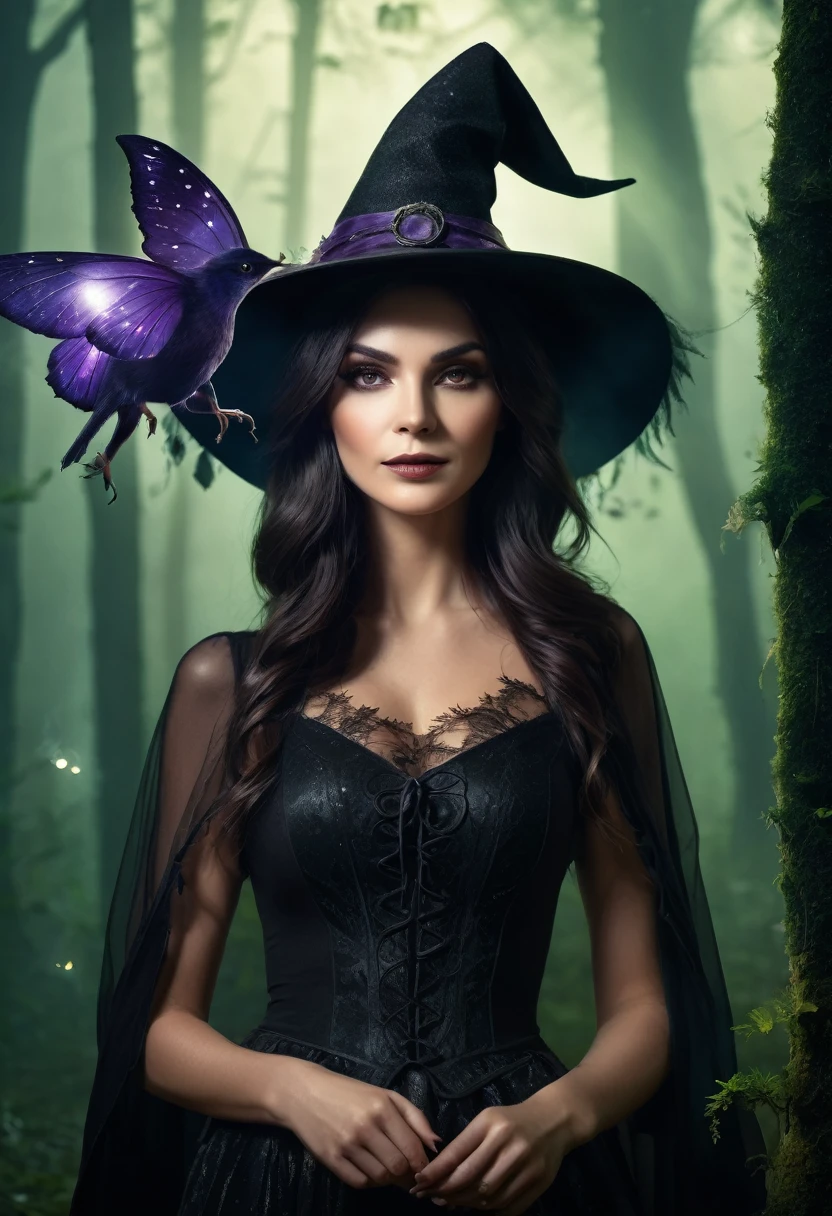 a beautiful woman WITCH  WITH A hat and Forest and fairies the Style-RustMagic, Aum, (atmosfera escura:1.2), (Mist & smoke), (noite escura:1.3), Cicatrizes, (shaggy medium length dark hair:1.1), (sombra:1.1), (brilho lindamente detalhado:1.2), (cinematic lighting), detalhe intrincado, high resolution,