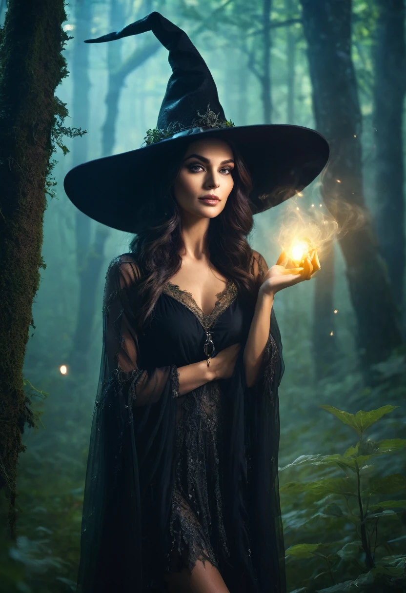 a beautiful woman WITCH  WITH A hat and Forest and fairies the Style-RustMagic, Aum, (atmosfera escura:1.2), (Mist & smoke), (noite escura:1.3), Cicatrizes, (shaggy medium length dark hair:1.1), (sombra:1.1), (brilho lindamente detalhado:1.2), (cinematic lighting), detalhe intrincado, high resolution,