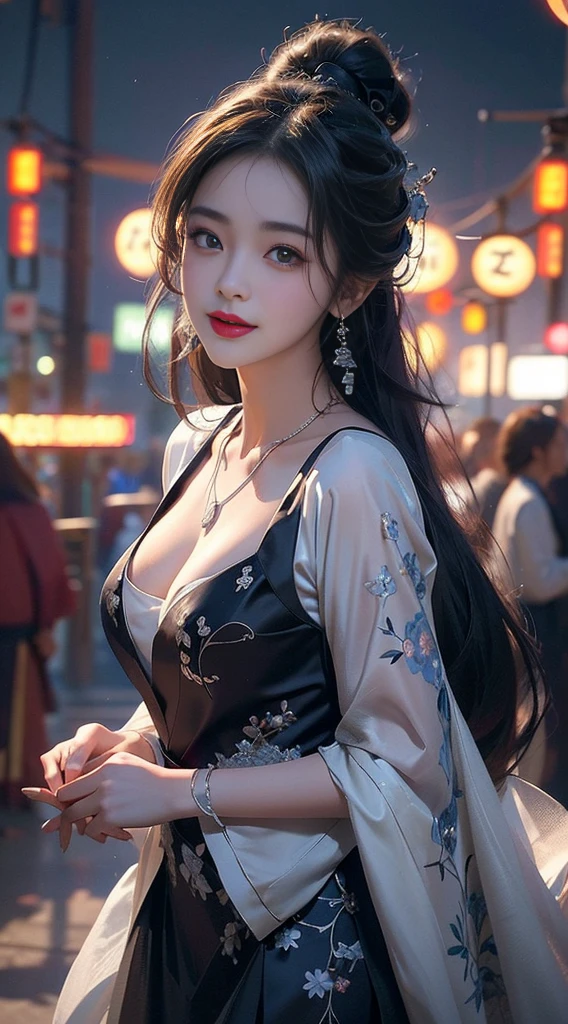 elaborate Hanfu, ((knee shot)), 8k, masterpiece, original photo, best quality, detail:1.2), ((Shot at random angles)), lifelike, Extremely detailed CG unified 8k wallpapers, depth of field, movie light, lens flare, Ray tracing, (extremely beautiful face, beautiful lips, beautiful eyes), intricate detail face, ((ultra detailed skin)) 1 girl, in the darkness, deep shadow, beautiful korean girl, kpop idol,(Very slim figure:1.3), plump breasts, (bright smile), (City night, (neon lights), (night), beautiful korean girl, white diamond earrings, diameter bracelet, Dia Necklace, clear eyes, Walk, (big eyes)