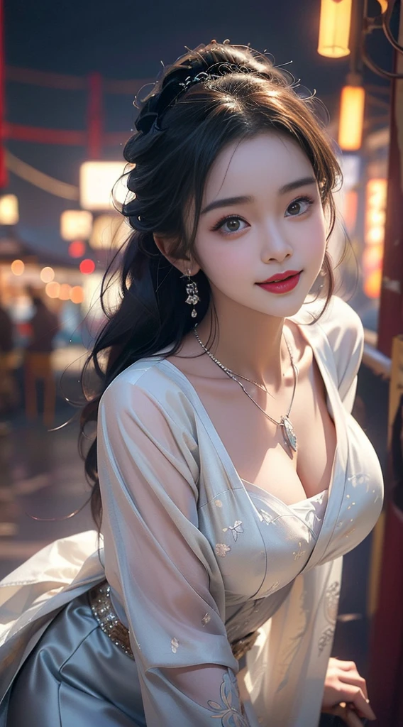 elaborate Hanfu, ((knee shot)), 8k, masterpiece, original photo, best quality, detail:1.2), ((Shot at random angles)), lifelike, Extremely detailed CG unified 8k wallpapers, depth of field, movie light, lens flare, Ray tracing, (extremely beautiful face, beautiful lips, beautiful eyes), intricate detail face, ((ultra detailed skin)) 1 girl, in the darkness, deep shadow, beautiful korean girl, kpop idol,(Very slim figure:1.3), plump breasts, (bright smile), (City night, (neon lights), (night), beautiful korean girl, white diamond earrings, diameter bracelet, Dia Necklace, clear eyes, Walk, (big eyes)