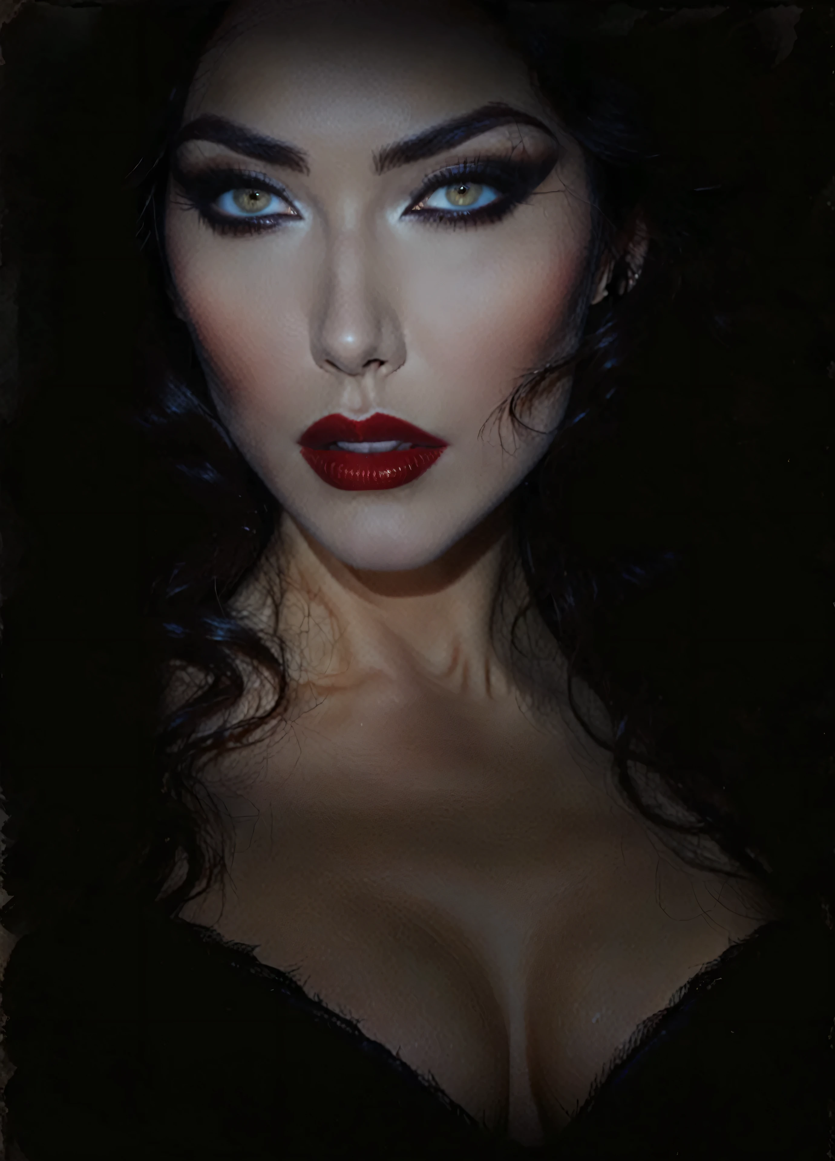 arafed woman with dark makeup and red lips in a dark room, portrait of a dark goddess, inspired by George Hurrell, dark hair and makeup, cinematic goddess close shot, sultry expression, sinister complexion, with haunted eyes and dark hair, 4 k glamour photography, portrait of megan fox as demon, vampire portrait, profile shot, portrait of a lady vampire