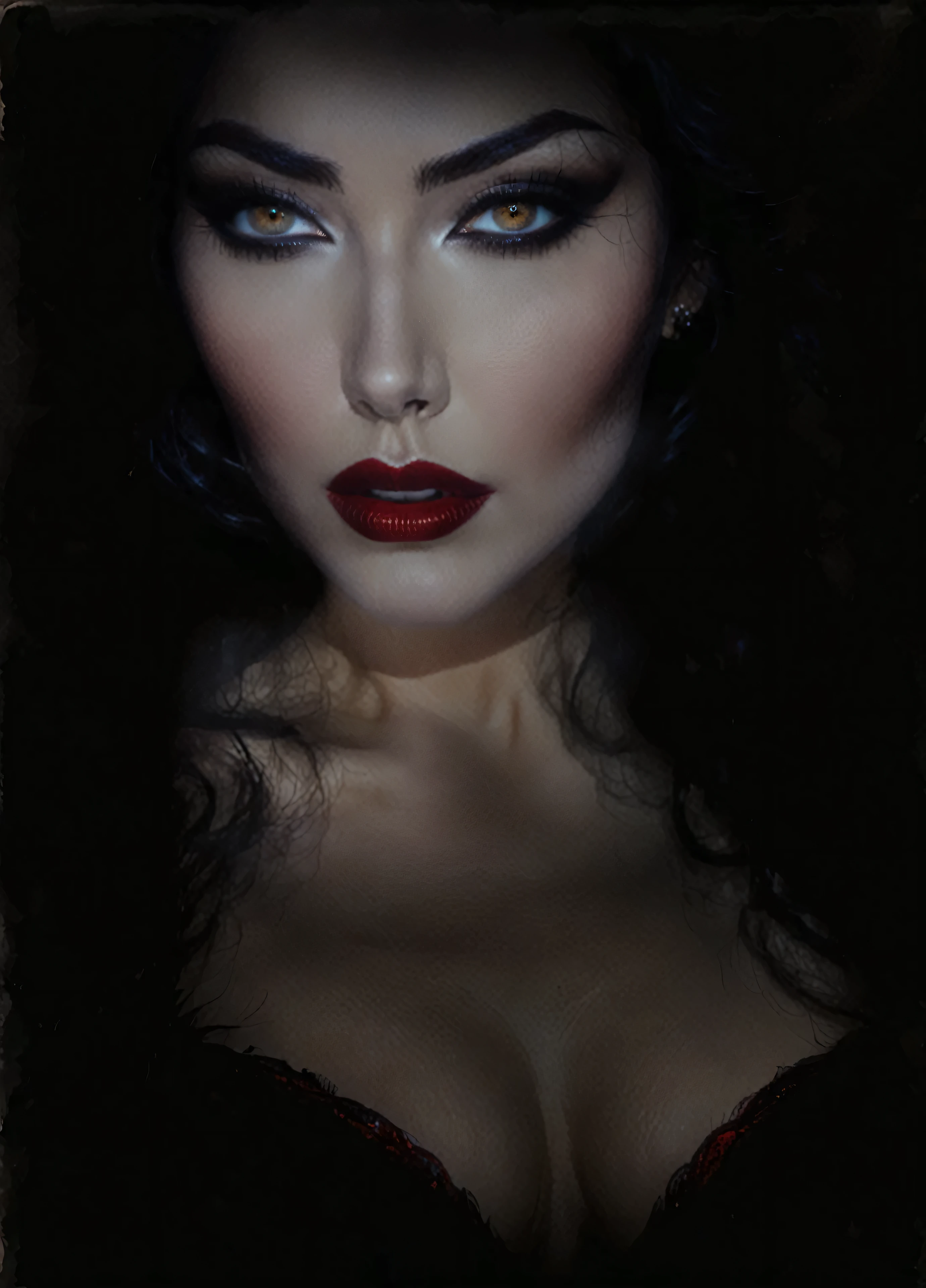 arafed woman with dark makeup and red lips in a dark room, portrait of a dark goddess, inspired by George Hurrell, dark hair and makeup, cinematic goddess close shot, sultry expression, sinister complexion, with haunted eyes and dark hair, 4 k glamour photography, portrait of megan fox as demon, vampire portrait, profile shot, portrait of a lady vampire