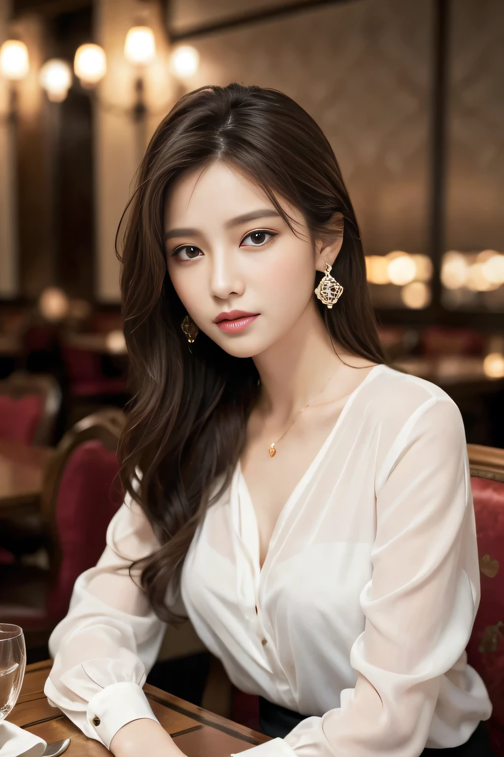 masterpiece, highest quality, Realistic, Very detailed, Finer details, High resolution, 8k wallpaper, One beautiful woman, Wear an elegant see-through shirt, In a great restaurant, At night, Light brown messy hair, Perfect dynamic composition, Beautiful and beautiful eyes、Big earrings、Sitting in a chair、
