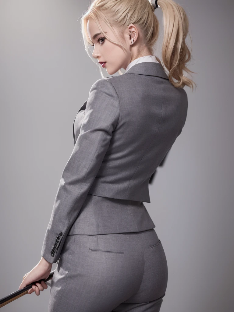 (Best quality, 8k, 32k, Masterpiece, UHD:1.2), 1girl, beautiy harley Quinn skinny, narrow waist, grey suit, open jacket, office lady, suit, pants, from behind, office room, desk,  (stick out one's buttocks:1.2), detailed face, short hair, looking at viewer