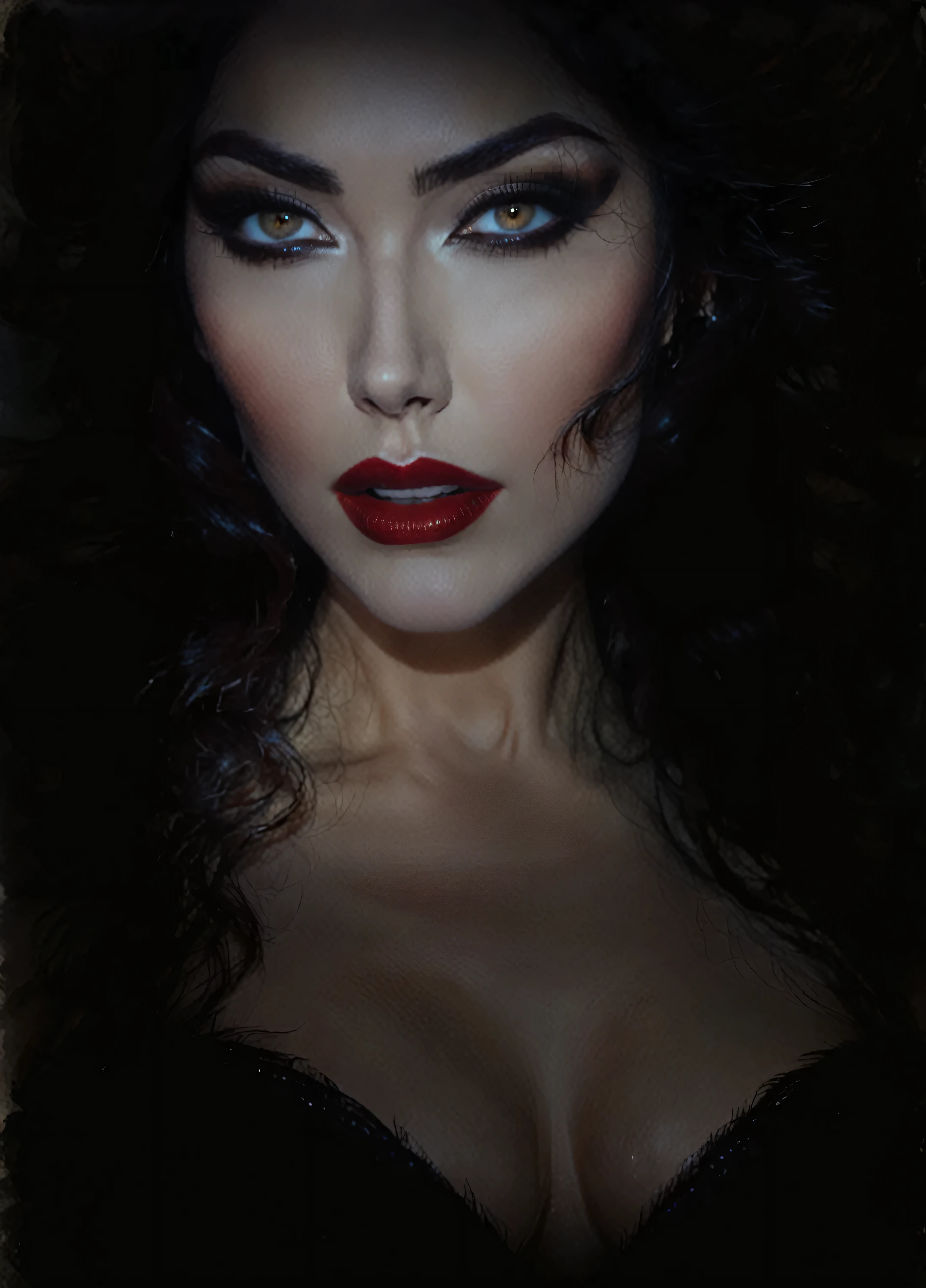 arafed woman with dark makeup and red lips in a dark room, portrait of a dark goddess, inspired by George Hurrell, dark hair and makeup, cinematic goddess close shot, sultry expression, sinister complexion, with haunted eyes and dark hair, 4 k glamour photography, portrait of megan fox as demon, vampire portrait, profile shot, portrait of a lady vampire