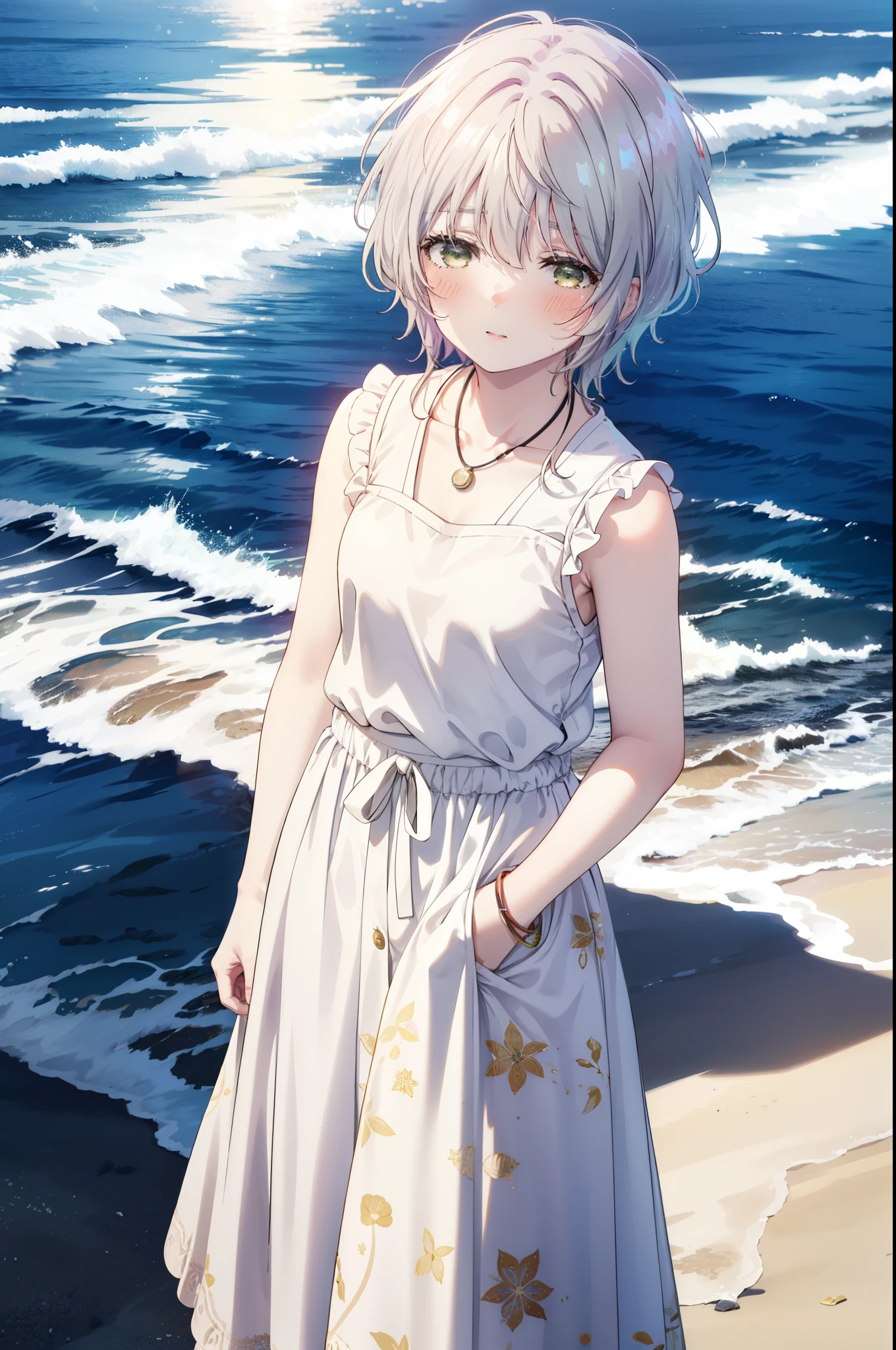 fuukakikuchi, fuuka kikuchi, １Girl Girl,short hair, bangs, Hair between the eyes, (Green Eyes:1.3), Straw hat,Brown seashell necklace,Gray Hair,smile,blush,White vest,Red Tank Top,Long skirt,Cute Sandals,whole bodyがイラストに入るように,Daytime,Clear skies,walking,morning,morning陽,The sun is rising,
break outdoors, Coastal Road,Sandy Beach,Building district,
break looking at viewer,whole body,Upper Body,
break (masterpiece:1.2), highest quality, High resolution, unity 8k wallpaper, (shape:0.8), (Fine and beautiful eyes:1.6), Highly detailed face, Perfect lighting, Highly detailed CG, (Perfect hands, Perfect Anatomy),