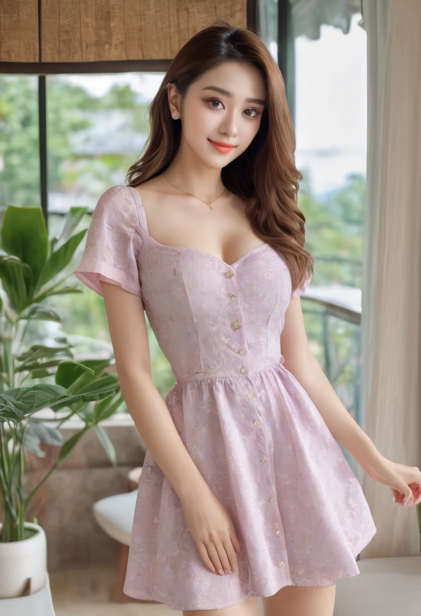 ((Best Quality, 8K, Masterpiece: 1.3)), 1girl, Slim Abs Beauty: 1.3, (Hairstyle Casual, Big Breasts: 1.2), Dress: 1.1, Super Fine Face, Delicate Eyes, Double Eyelids, Smile, Home