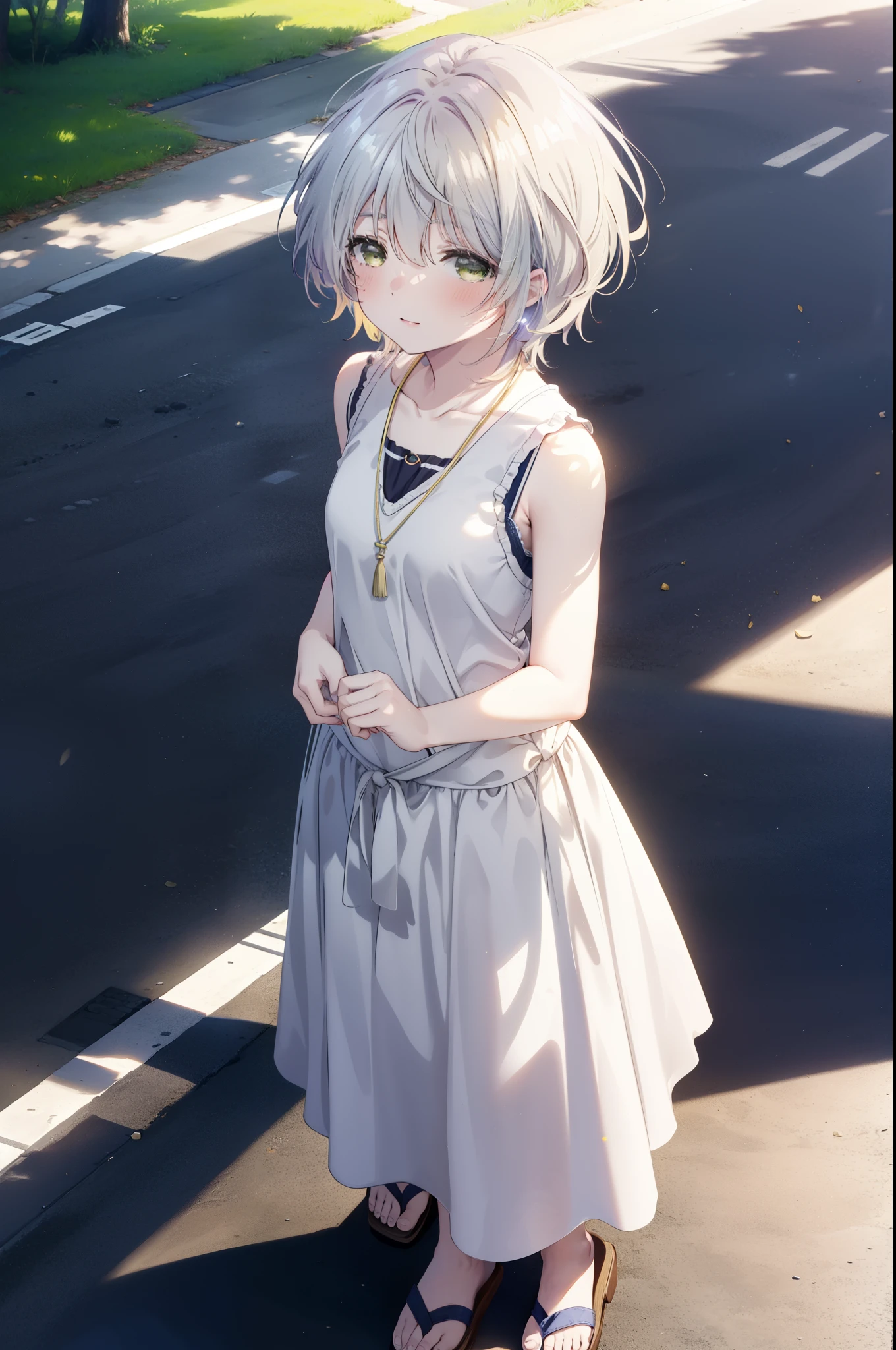 fuukakikuchi, fuuka kikuchi, １Girl Girl,short hair, bangs, Hair between the eyes, (Green Eyes:1.3), Straw hat,Brown seashell necklace,Gray Hair,smile,blush,White vest,Red Tank Top,Long skirt,Cute Sandals,whole bodyがイラストに入るように,Daytime,Clear skies,walking,morning,morning陽,The sun is rising,
break outdoors, Coastal Road,Sandy Beach,Building district,
break looking at viewer,whole body,Upper Body,
break (masterpiece:1.2), highest quality, High resolution, unity 8k wallpaper, (shape:0.8), (Fine and beautiful eyes:1.6), Highly detailed face, Perfect lighting, Highly detailed CG, (Perfect hands, Perfect Anatomy),