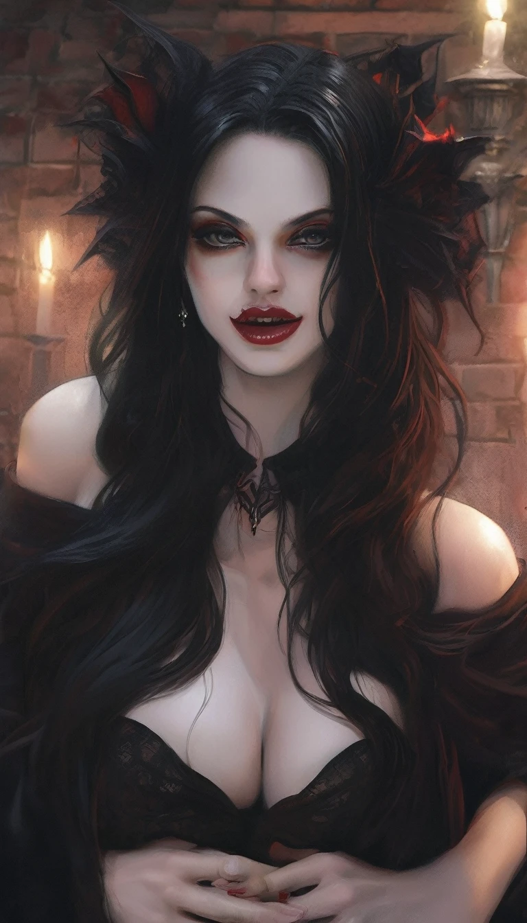 seductive vampire woman, busty and long black hair, realism, pale skin, sharp fangs, dark eyes, mouth open with sharp teeth, loose hair, Gothic attire, Canon,4K, mysterious, sinister, horror, Gothic, High 8K Image Quality, detailed image 16K, her mouth open wide.