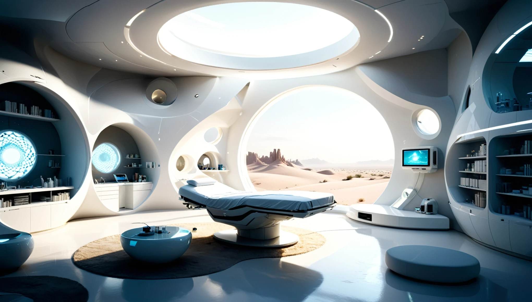 high-tech laboratory, medical facility, surgery bed in the middle, futuristic place incorporates organic fluidityCircles and geometric shapesdreamlike white desert, shelves on the wall, and use artistic imagination to render houses and landscapes, Pure white technology style, Spacious indoor space，super exquisite details，4K quality rendering，Real light and shadow