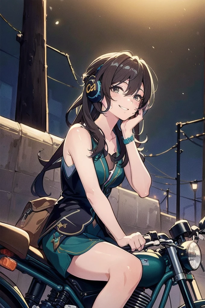 (High resolution, Best Quality, Masterpiece:1.2), (Realistic illustrations), Lo-fi Hip Hop, flat, 2.5D, Line art, Gouache color, Studio Ghibli style, Great colorful, Relaxed girl listening to music with headset, smile, はにかんだsmile, 80s city night view, Riding a motorcycle