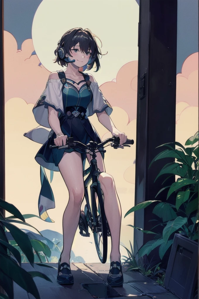 (High resolution, Best Quality, Masterpiece:1.2), (Realistic illustrations), Lo-fi Hip Hop, flat, 2.5D, Line art, Gouache color, Studio Ghibli style, Great colorful, Relaxed girl listening to music with headset, smile, はにかんだsmile, 80s city night view, Riding a motorcycle