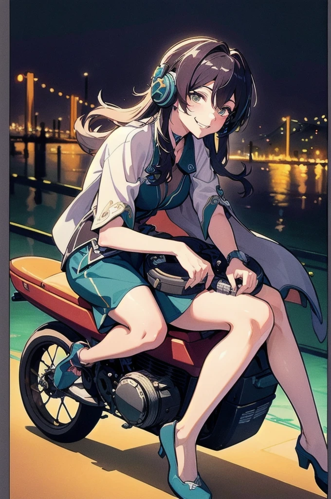 (High resolution, Best Quality, Masterpiece:1.2), (Realistic illustrations), Lo-fi Hip Hop, flat, 2.5D, Line art, Gouache color, Studio Ghibli style, Great colorful, Relaxed girl listening to music with headset, smile, はにかんだsmile, 80s city night view, Riding a motorcycle