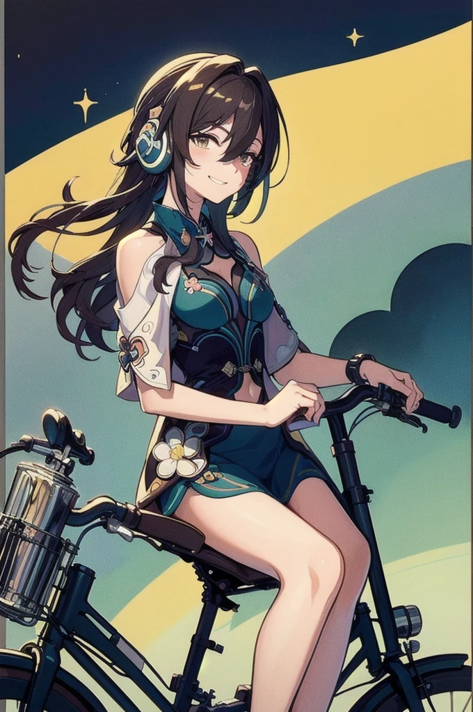 (High resolution, Best Quality, Masterpiece:1.2), (Realistic illustrations), Lo-fi Hip Hop, flat, 2.5D, Line art, Gouache color, Studio Ghibli style, Great colorful, Relaxed girl listening to music with headset, smile, はにかんだsmile, 80s city night view, Riding a motorcycle