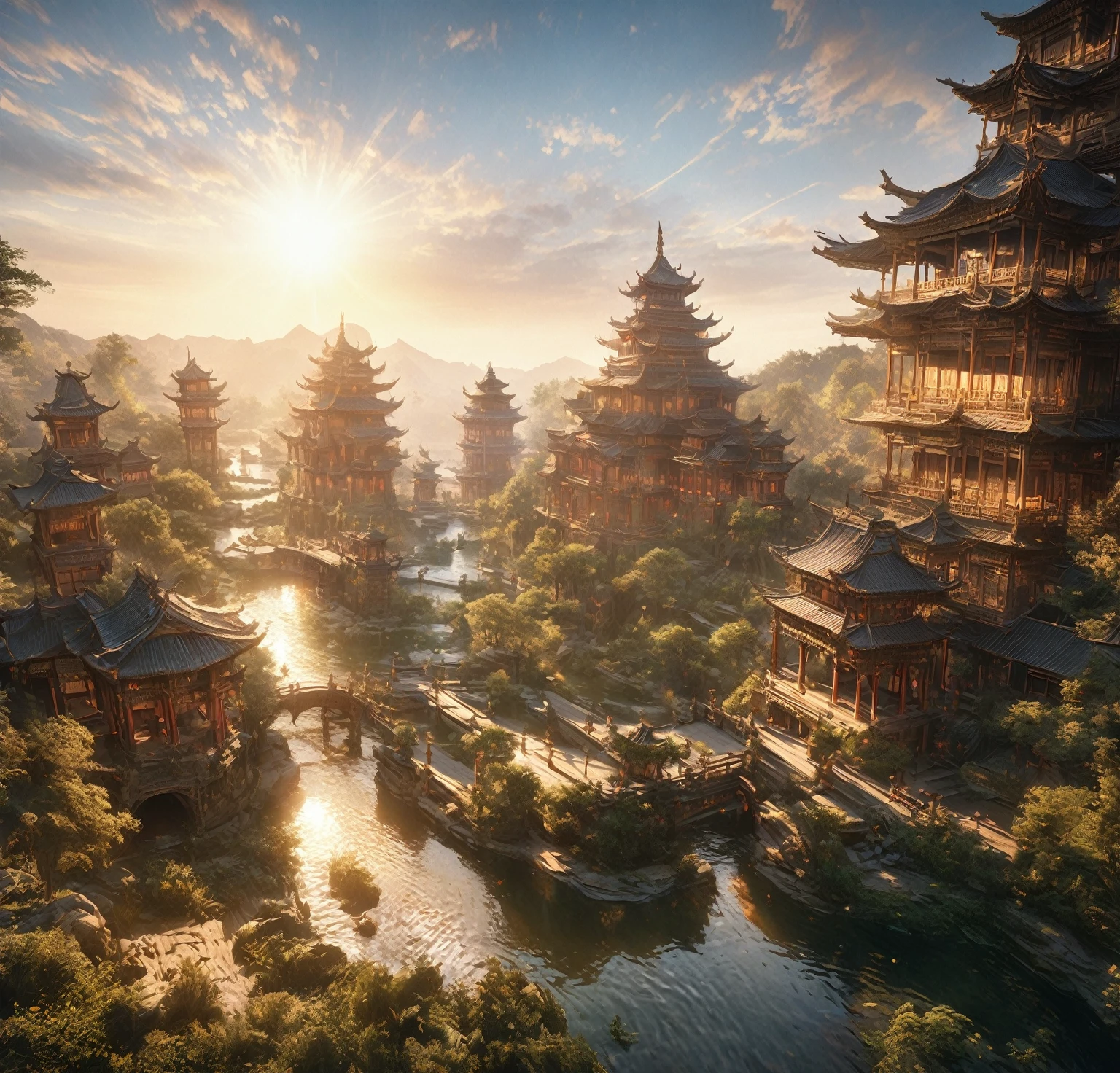 A stunning golden city, beautiful landscape, golden light, sun shining in the sky, detailed oriental house, intricate architecture, lush vegetation, serene pond, magnificent monuments, ornate details, photorealistic, 4k, ultra-detailed, realistic lighting, vibrant colors, cinematic composition, masterpiece