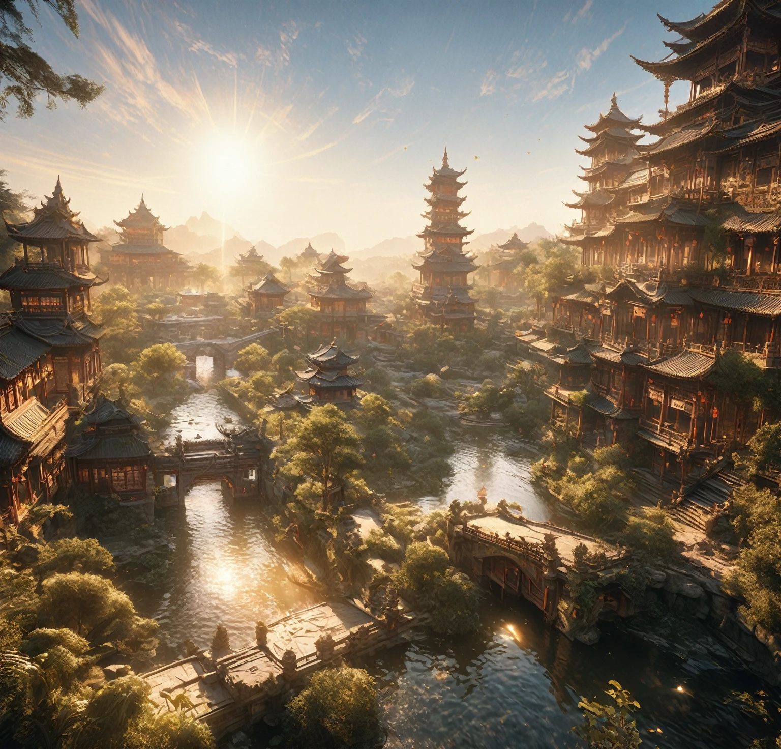 A stunning golden city, beautiful landscape, golden light, sun shining in the sky, detailed oriental house, intricate architecture, lush vegetation, serene pond, magnificent monuments, ornate details, photorealistic, 4k, ultra-detailed, realistic lighting, vibrant colors, cinematic composition, masterpiece