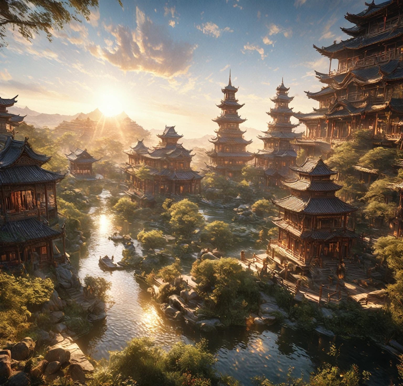 A stunning golden city, beautiful landscape, golden light, sun shining in the sky, detailed oriental house, intricate architecture, lush vegetation, serene pond, magnificent monuments, ornate details, photorealistic, 4k, ultra-detailed, realistic lighting, vibrant colors, cinematic composition, masterpiece