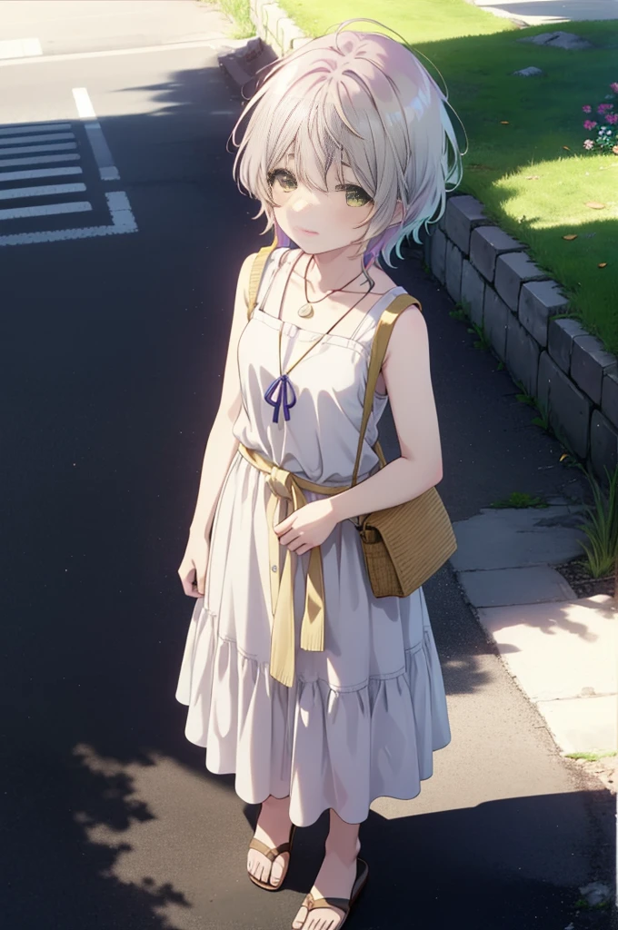 fuukakikuchi, fuuka kikuchi, １Girl Girl,short hair, bangs, Hair between the eyes, (Green Eyes:1.3), Straw hat,Brown seashell necklace,Gray Hair,smile,blush,White vest,Red Tank Top,Long skirt,Cute Sandals,whole bodyがイラストに入るように,Daytime,Clear skies,walking,morning,morning陽,The sun is rising,
break outdoors, Coastal Road,Sandy Beach,Building district,
break looking at viewer,whole body,Upper Body,
break (masterpiece:1.2), highest quality, High resolution, unity 8k wallpaper, (shape:0.8), (Fine and beautiful eyes:1.6), Highly detailed face, Perfect lighting, Highly detailed CG, (Perfect hands, Perfect Anatomy),